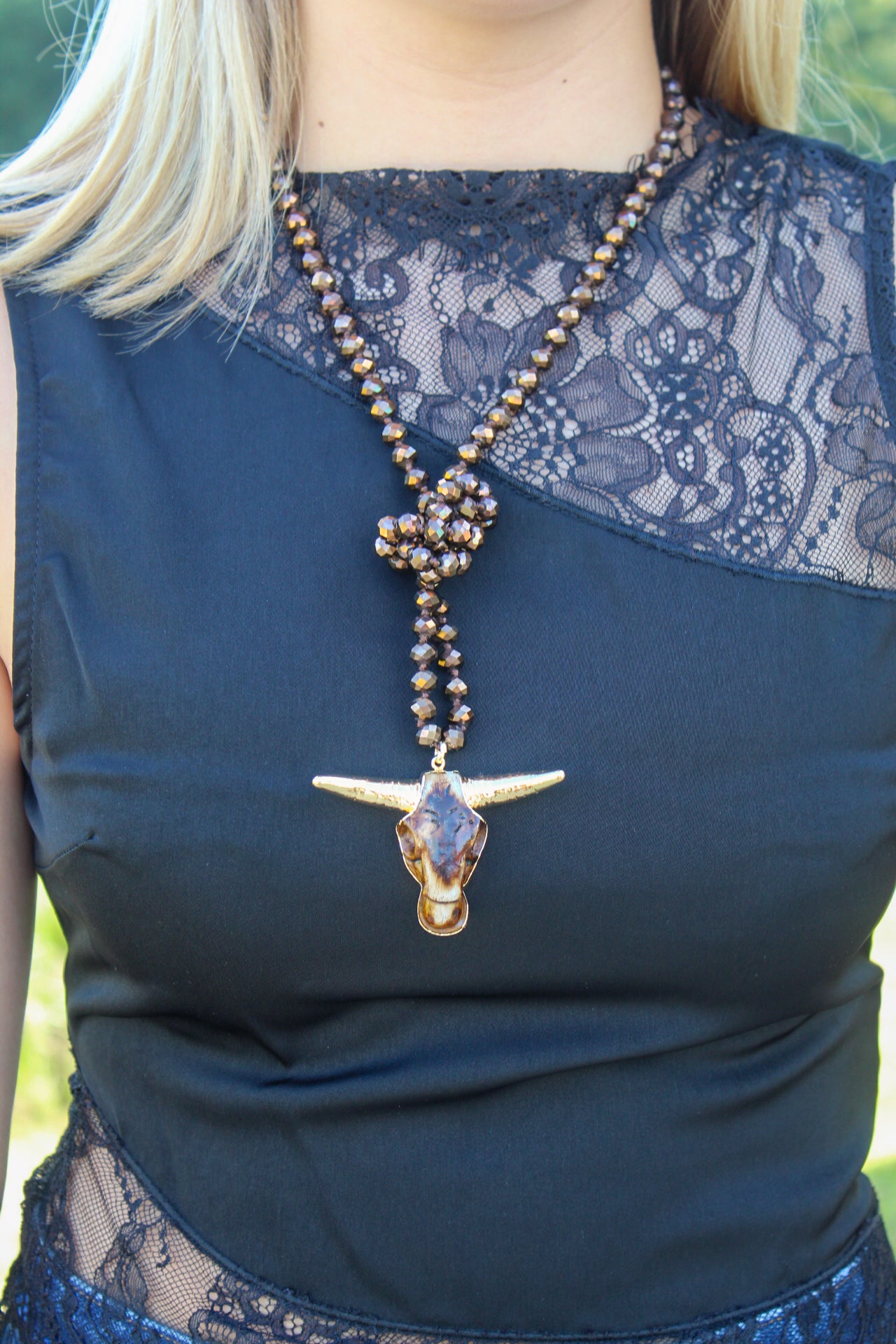 Crystal Bead Bull Skull Necklace