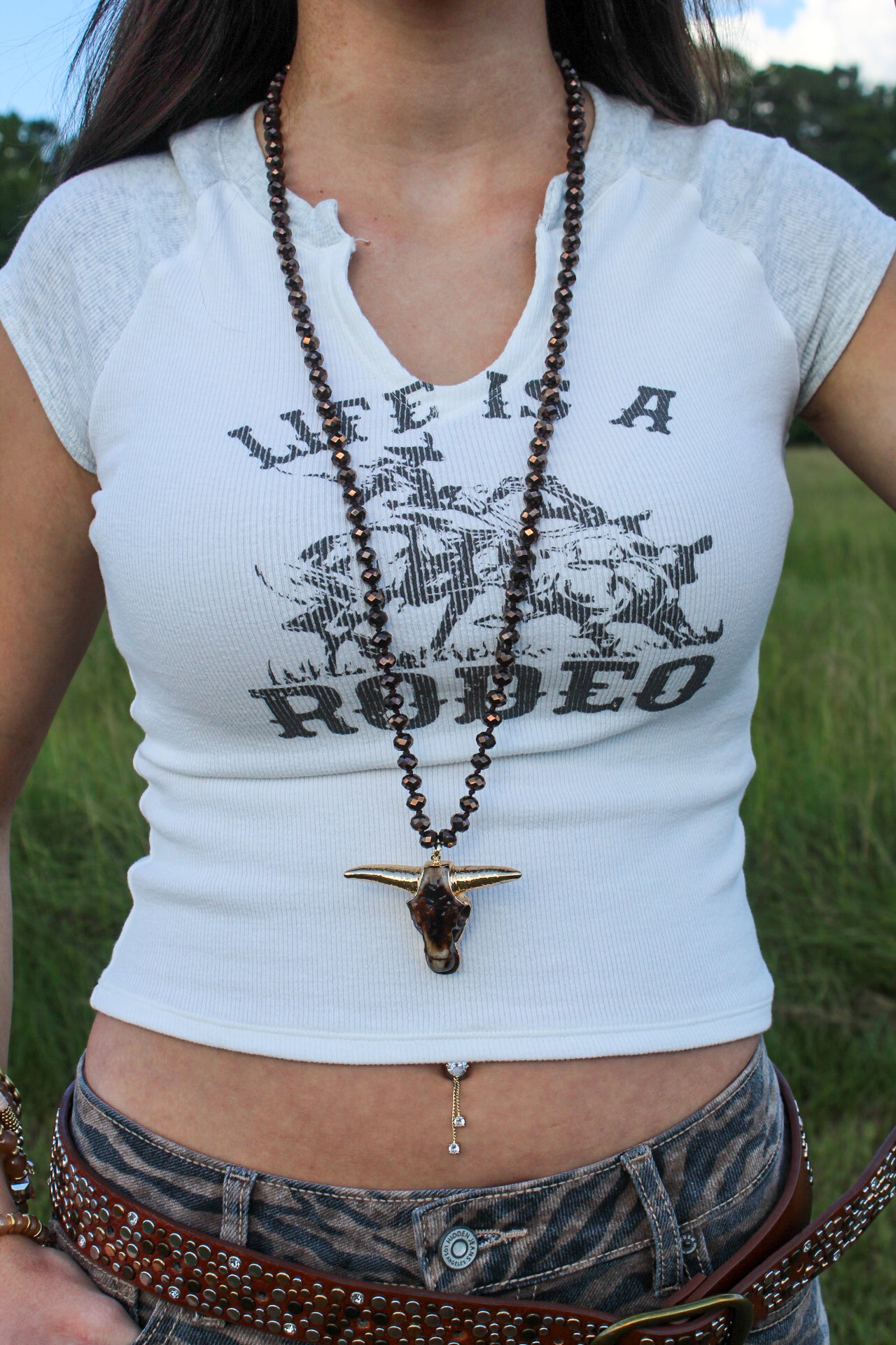 Crystal Bead Bull Skull Necklace